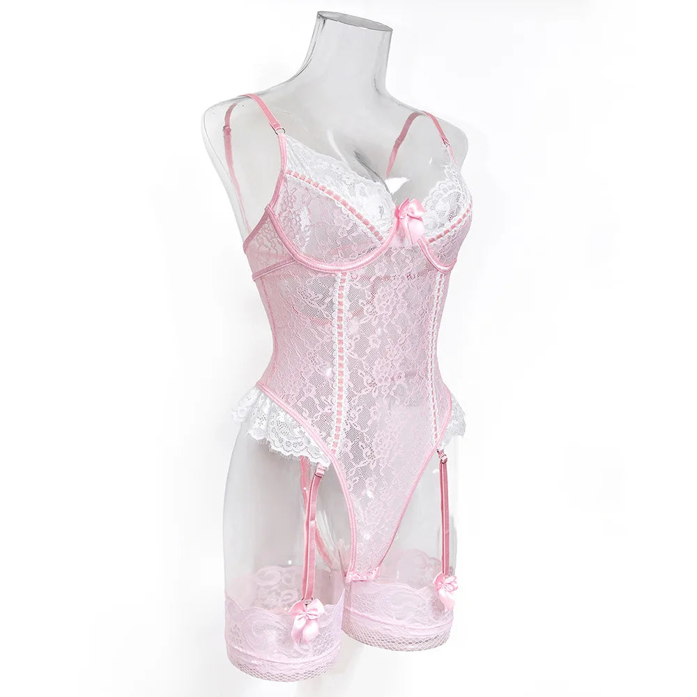 Womens Erotic Western Style Pink Contrast Lace Sensual Stretch Tight Alluring Charming Lingerie Set