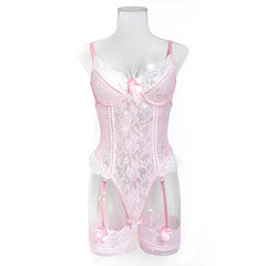 Womens Erotic Western Style Pink Contrast Lace Sensual Stretch Tight Alluring Charming Lingerie Set