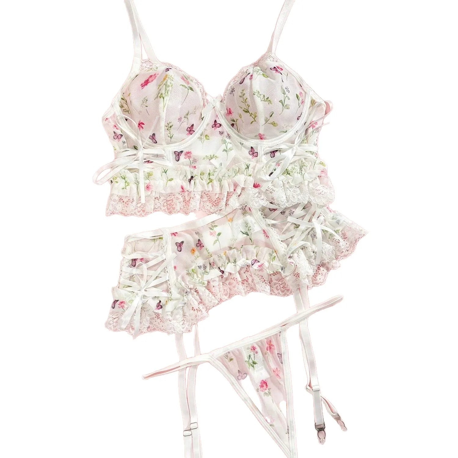 Womens Erotic Western Style Floral Print Mesh Sensual Sweet See Through Alluring Charming Breathable Exquisite Lingerie Set