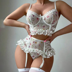 Womens Erotic Western Style Floral Print Mesh Sensual Sweet See Through Alluring Charming Breathable Exquisite Lingerie Set