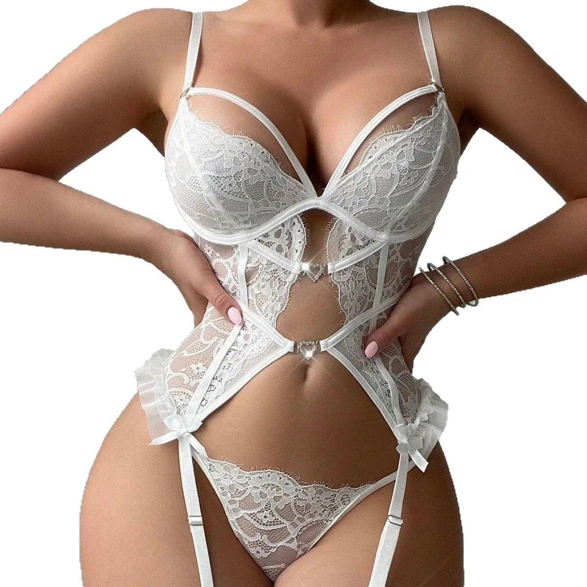 Womens Erotic Western Style Hollow Out Lace Up Mesh Sensual See Through Alluring Charming Leg Ring Lingerie Set Set Set