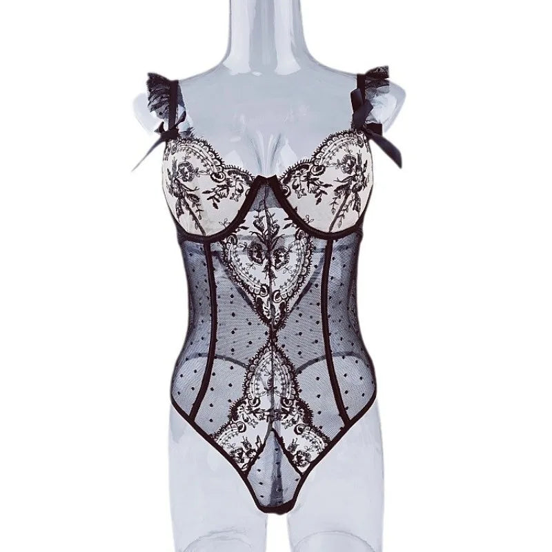 Womens Erotic Western Style Lace Embroidery Sensual Mesh Patchwork See Through Alluring Charming Premium Erotic
