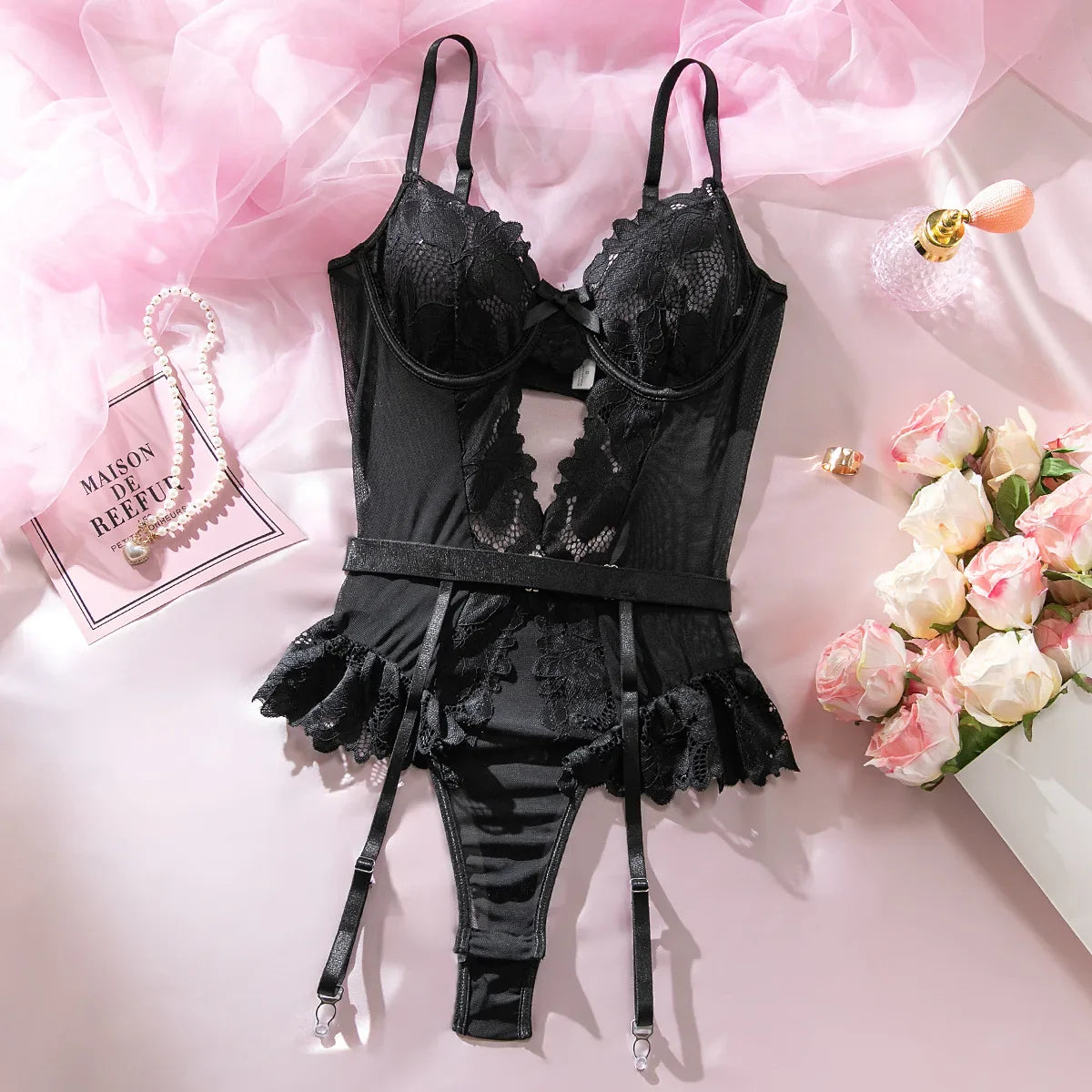 Womens Erotic Western Style Lace Trim Mesh Patchwork Sensual Waist Trainer See Through Alluring Charming Premium Erotic