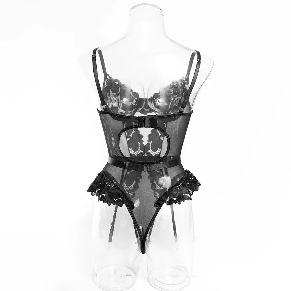 Womens Erotic Western Style Lace Trim Mesh Patchwork Sensual Waist Trainer See Through Alluring Charming Premium Erotic