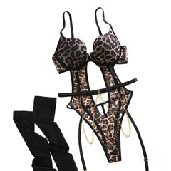Womens Erotic Western Style Leopard Print Sensual Metal Chain Leg Covers Stockings Role Play Alluring Charming Erotic