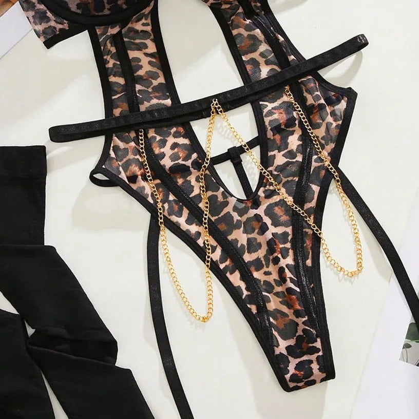 Womens Erotic Western Style Leopard Print Sensual Metal Chain Leg Covers Stockings Role Play Alluring Charming Erotic