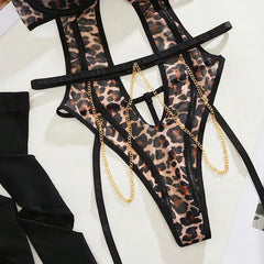 Womens Erotic Western Style Leopard Print Sensual Metal Chain Leg Covers Stockings Role Play Alluring Charming Erotic