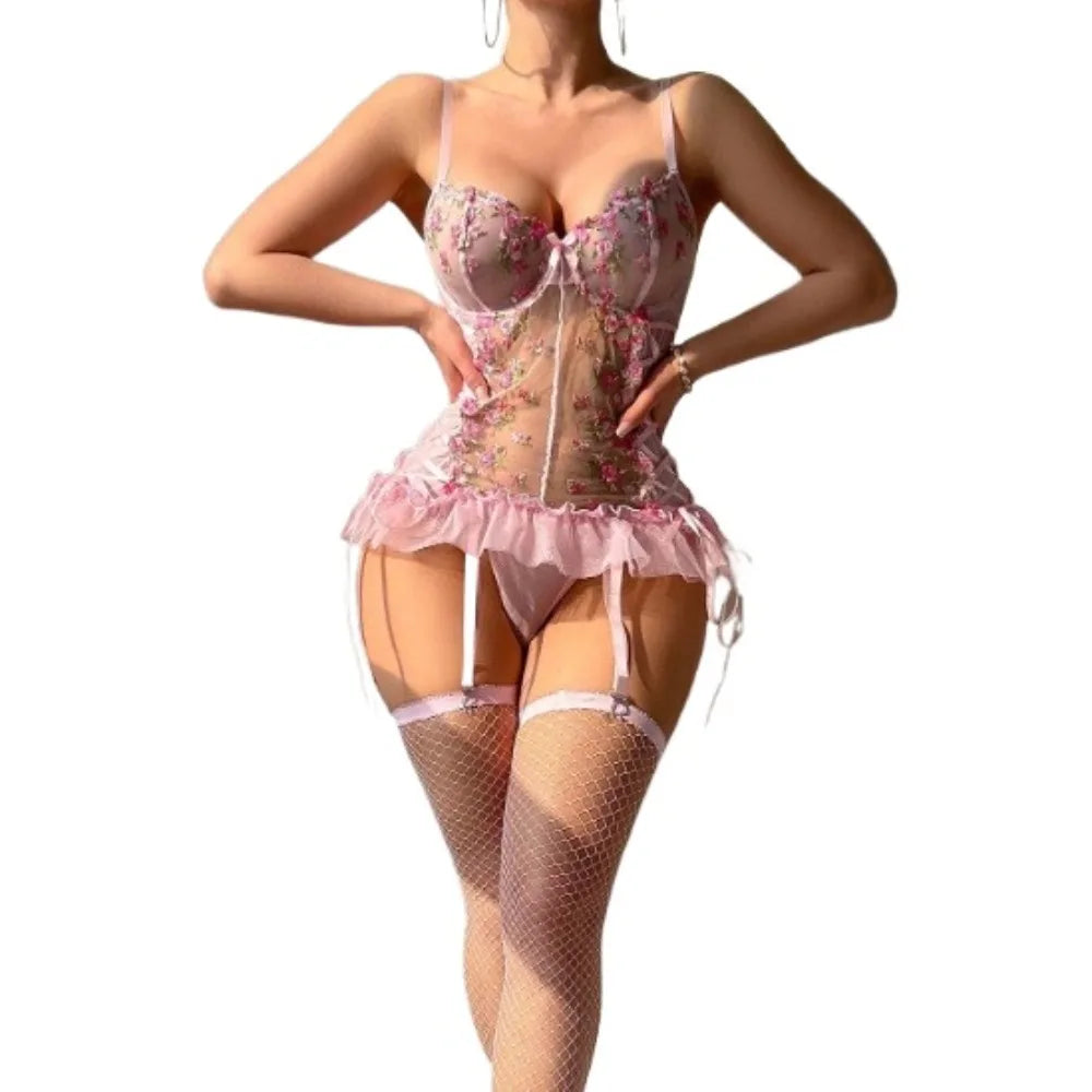 Womens Erotic Western Style Pink Floral Embroidery Sensual Mesh See Through Alluring Charming Breathable Premium Erotic