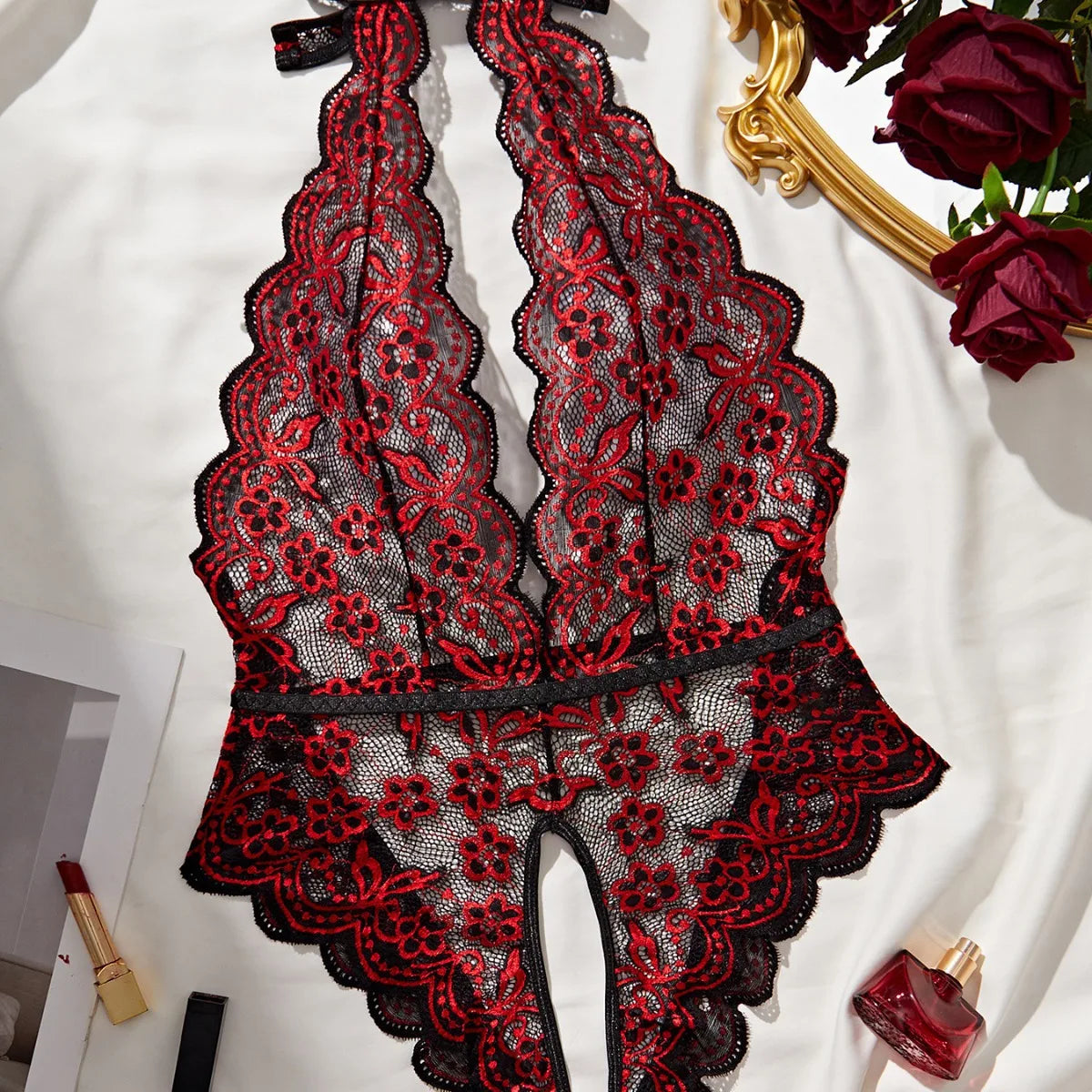 Womens Erotic Deep V Lace Featuring Floral Print Crotchless Design Wireless Backless Sensual Lingerie Teddy Set