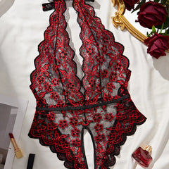 Womens Erotic Deep V Lace Featuring Floral Print Crotchless Design Wireless Backless Sensual Lingerie Teddy Set