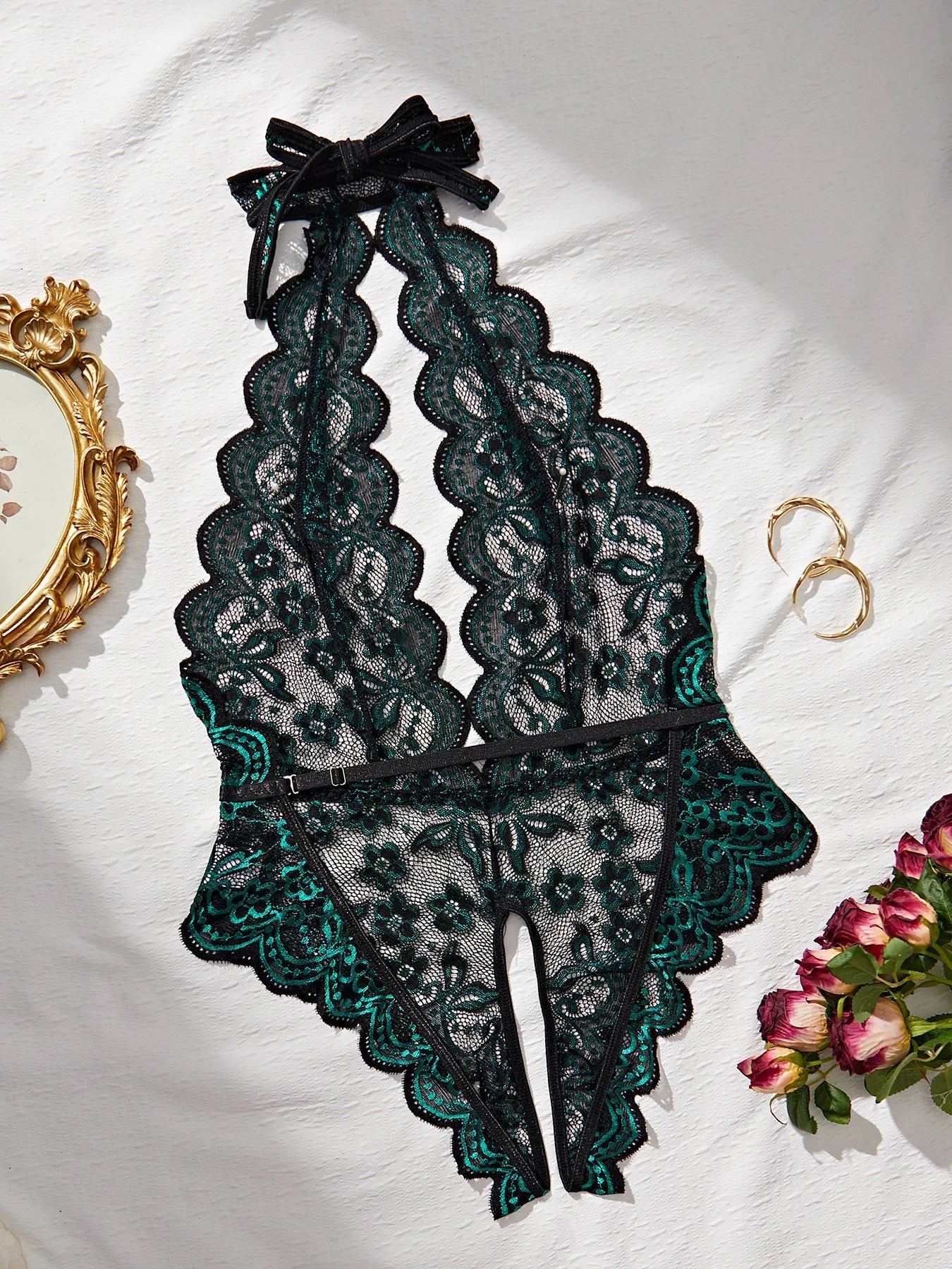 Womens Erotic Deep V Lace Featuring Floral Print Crotchless Design Wireless Backless Sensual Lingerie Teddy Set