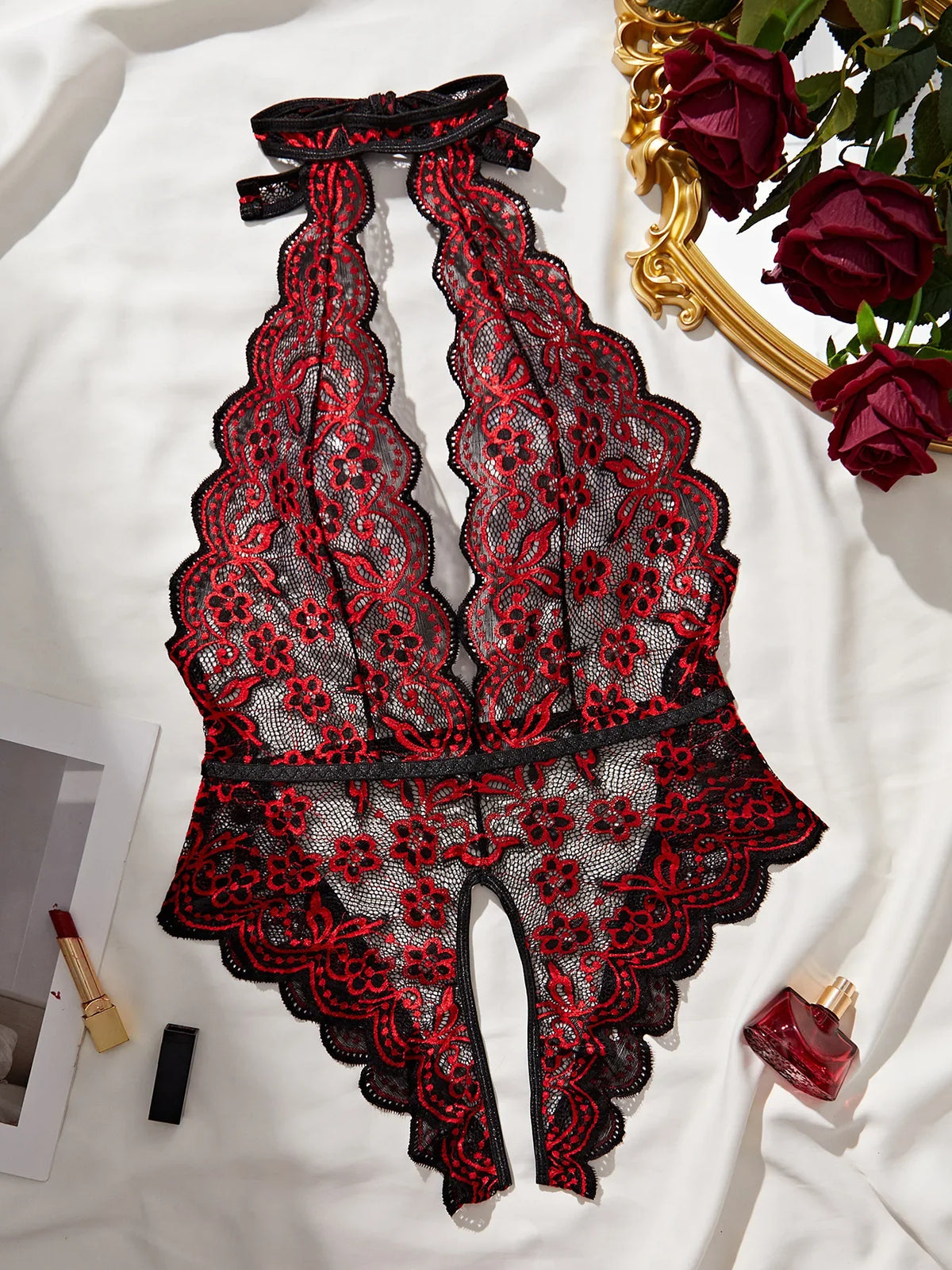 Womens Erotic Deep V Lace Featuring Floral Print Crotchless Design Wireless Backless Sensual Lingerie Teddy Set
