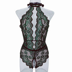 Womens Erotic Deep V Lace Featuring Floral Print Crotchless Design Wireless Backless Sensual Lingerie Teddy Set