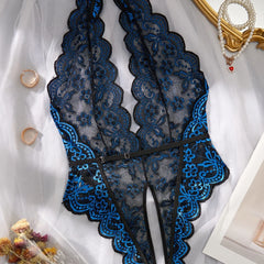 Womens Erotic Deep V Lace Featuring Floral Print Crotchless Design Wireless Backless Sensual Lingerie Teddy Set