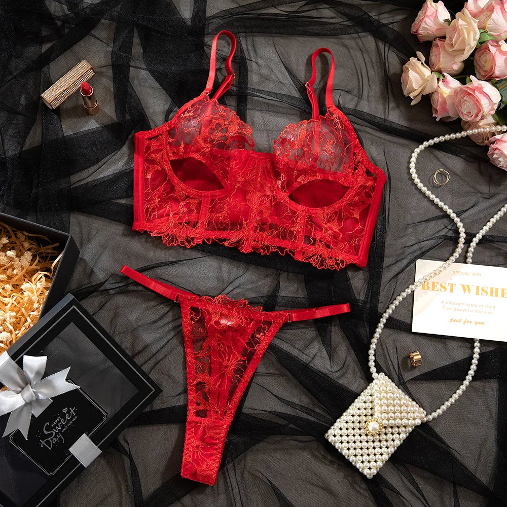 Womens Erotic French Lace Camisole Sensual Boned Corset Design Alluring See Through Nightwear Sensual Lingerie Bra Set Set