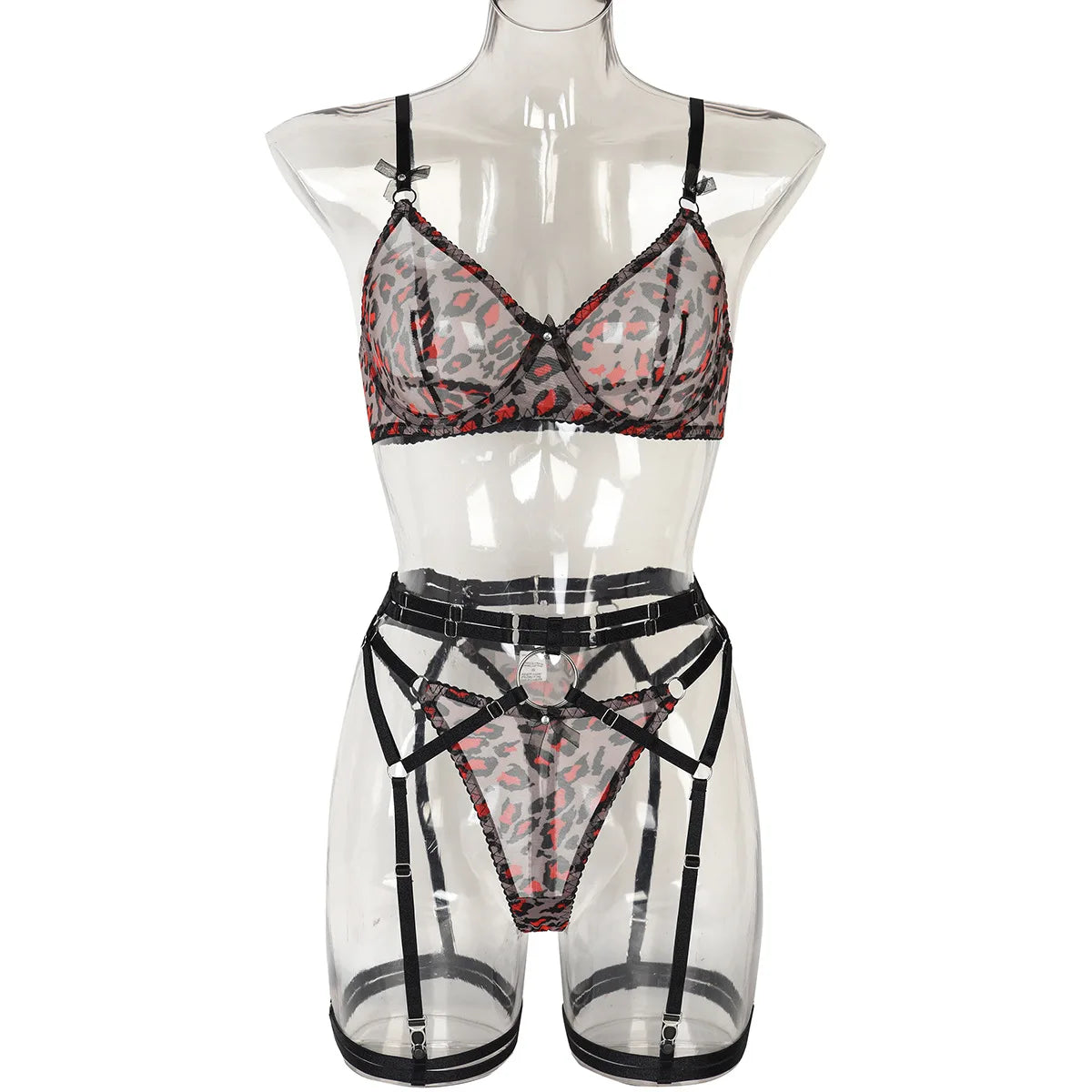 Womens Erotic Leopard Print 3 Piece Set Sensual See Through Alluring Charming Breathable Exquisite Lingerie Bra Set Set