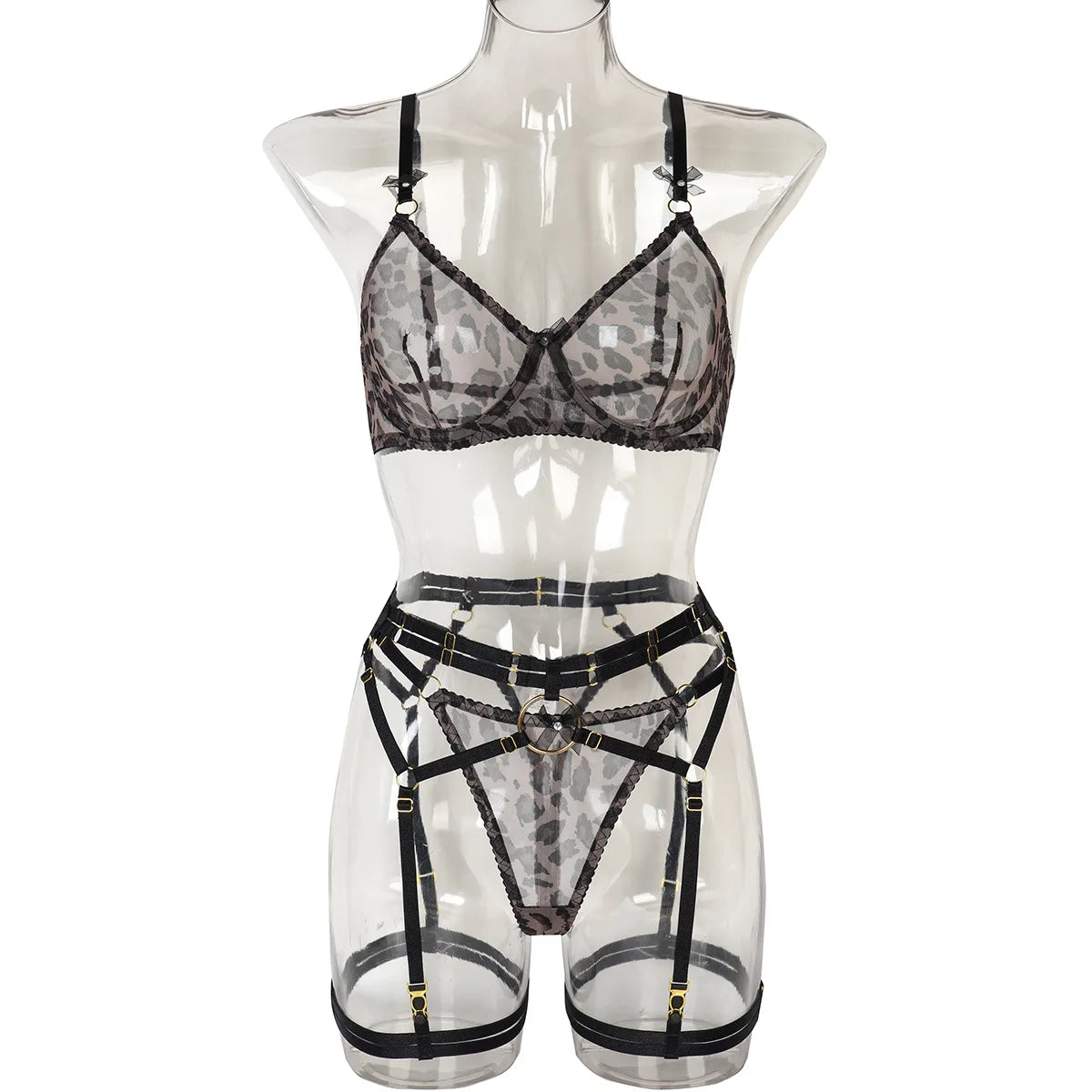 Womens Erotic Leopard Print 3 Piece Set Sensual See Through Alluring Charming Breathable Exquisite Lingerie Bra Set Set