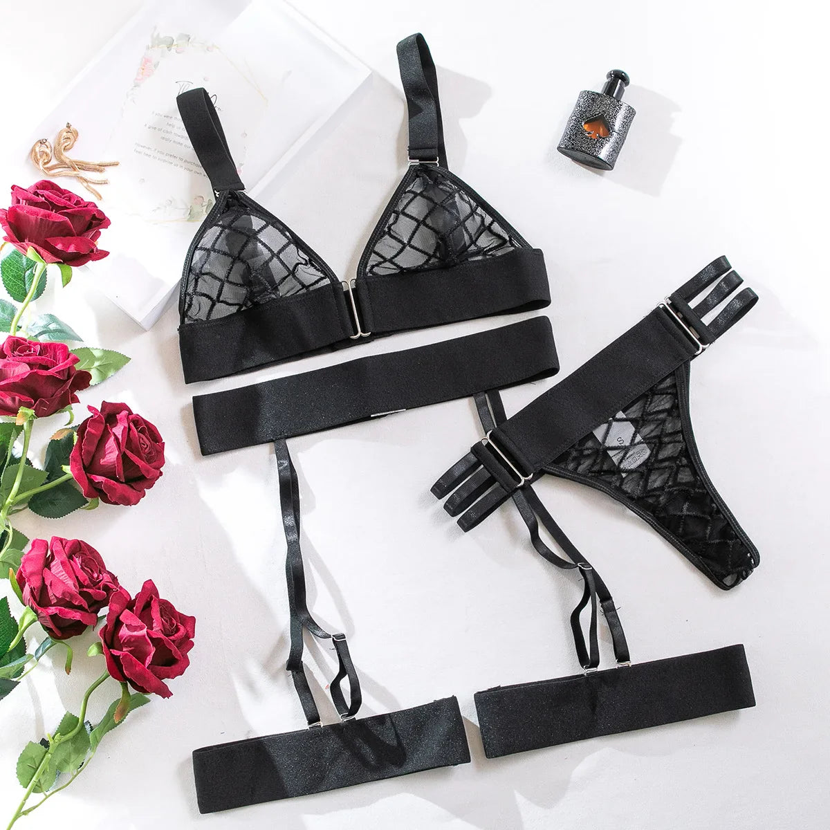 Womens Erotic Mesh See Through Bra Set Sensual Elegant Design Alluring Breathable Exquisite Nightwear Sensual Lingerie Set
