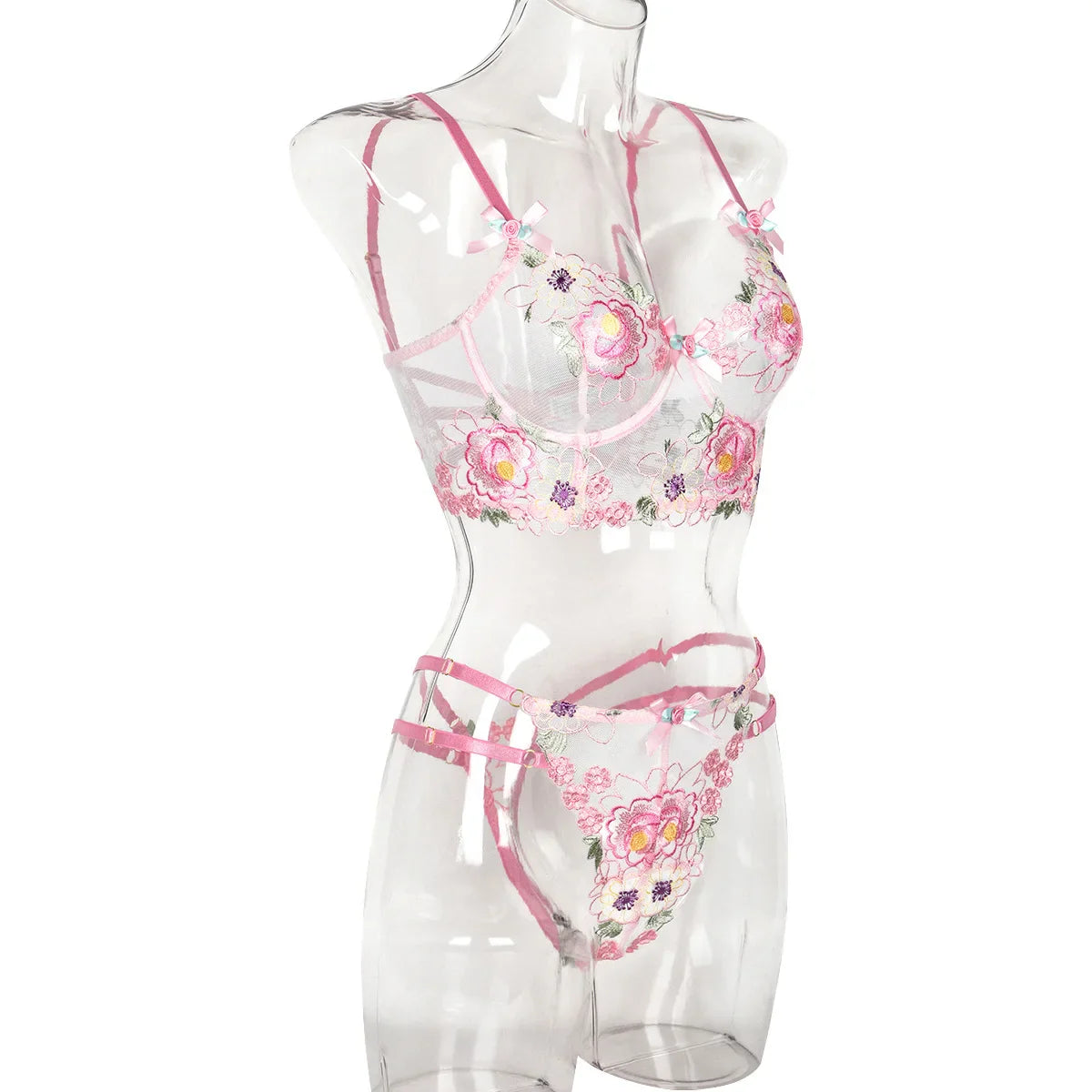 Womens Erotic Western Style Floral Embroidery 2 Piece Set Sensual Bowknot Alluring See Through Charming Breathable Bra Set
