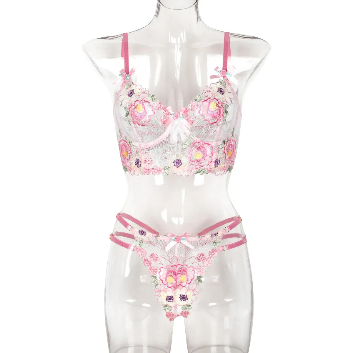 Womens Erotic Western Style Floral Embroidery 2 Piece Set Sensual Bowknot Alluring See Through Charming Breathable Bra Set