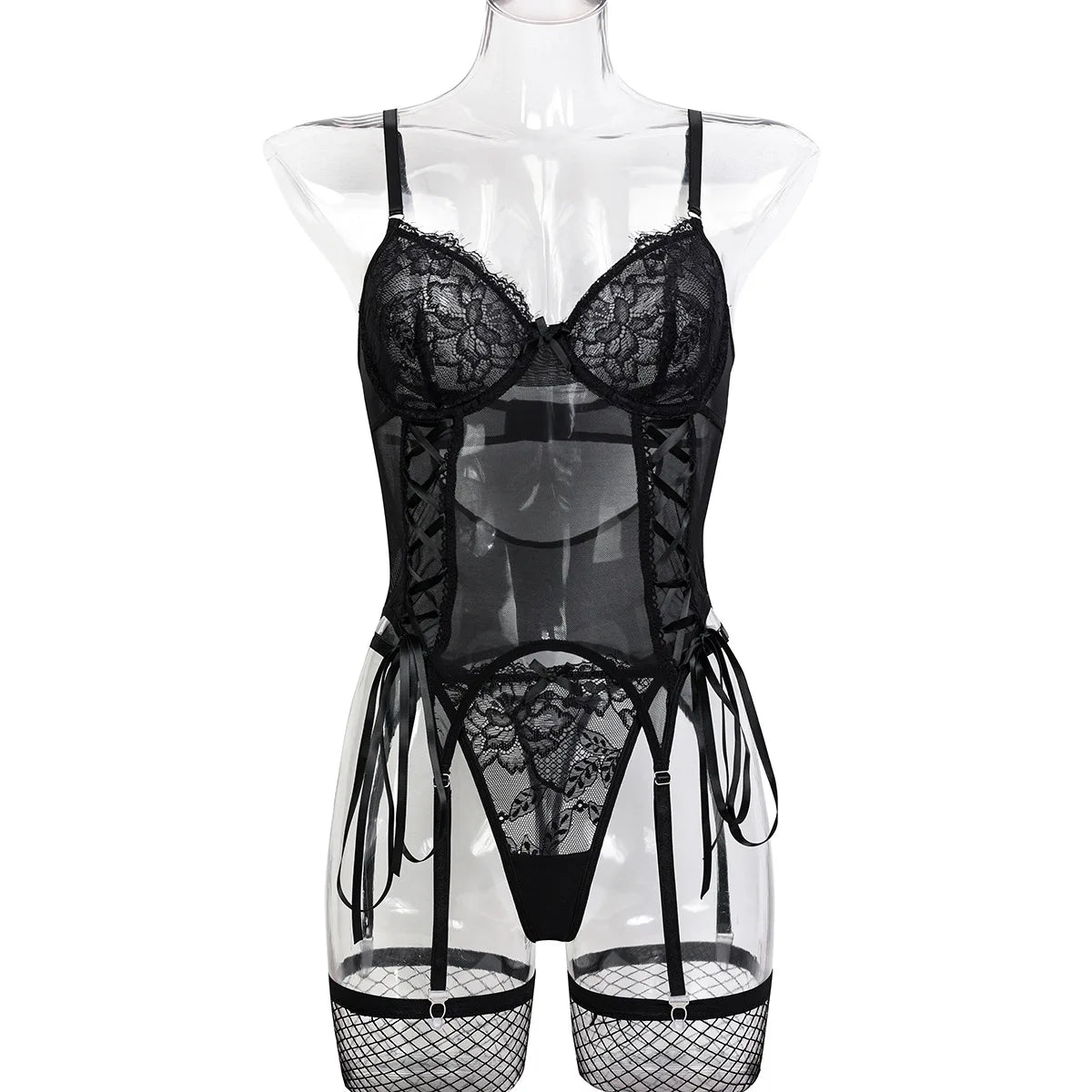 Womens Erotic Western Style Lace Patchwork 2 Piece Set Sensual Mesh See Through Alluring Bowknot Charming Lingerie Set