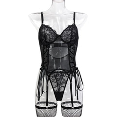 Womens Erotic Western Style Lace Patchwork 2 Piece Set Sensual Mesh See Through Alluring Bowknot Charming Lingerie Set