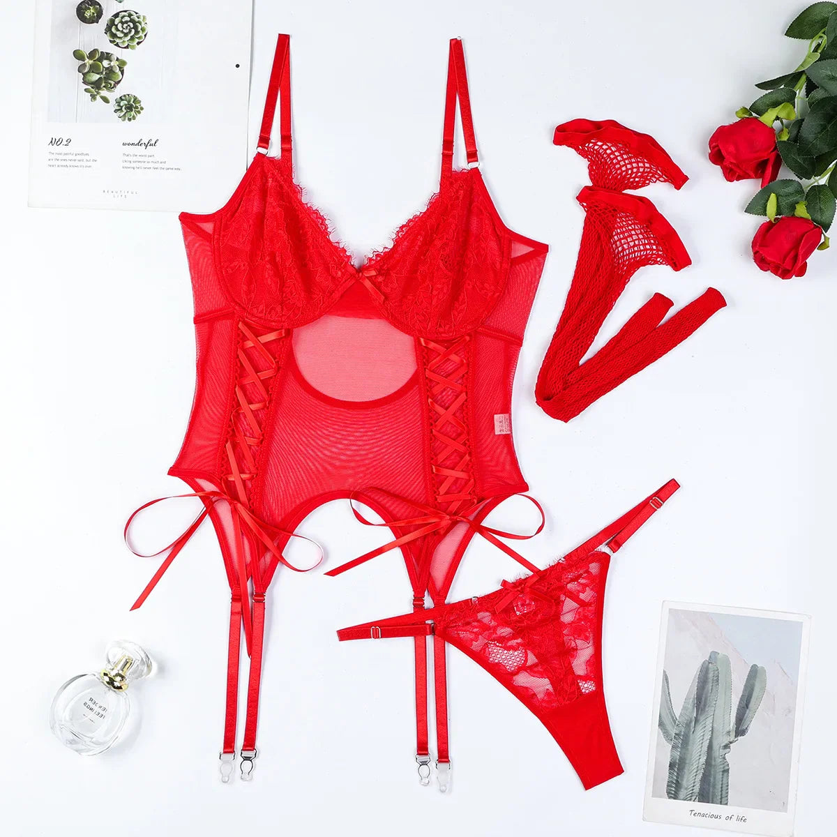 Womens Erotic Western Style Lace Patchwork 2 Piece Set Sensual Mesh See Through Alluring Bowknot Charming Lingerie Set