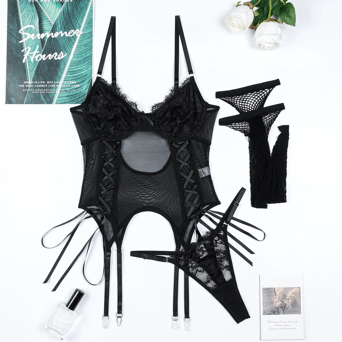 Womens Erotic Western Style Lace Patchwork 2 Piece Set Sensual Mesh See Through Alluring Bowknot Charming Lingerie Set