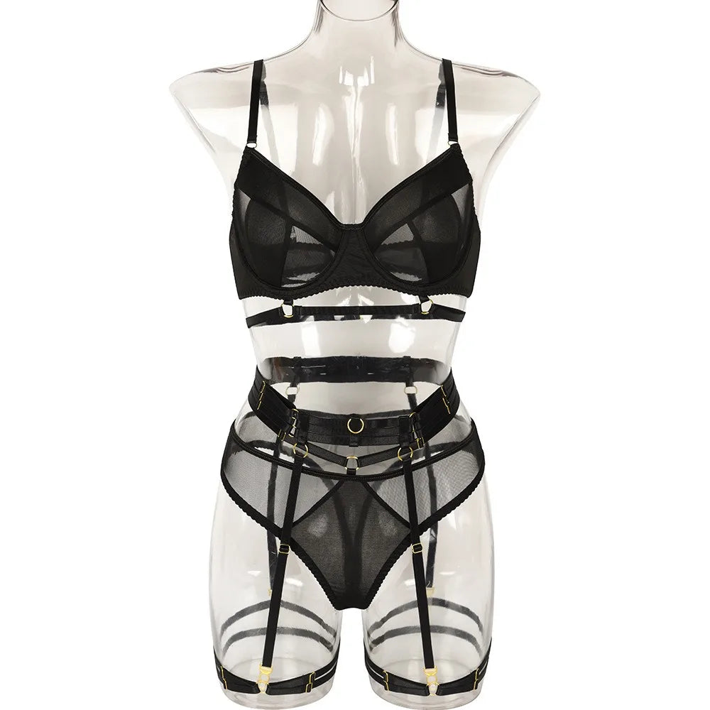 Womens Erotic Western Style Mesh Patchwork 4 Piece Set Sensual Exquisite Craftsmanship Alluring Leg Ring Lingerie Set Set