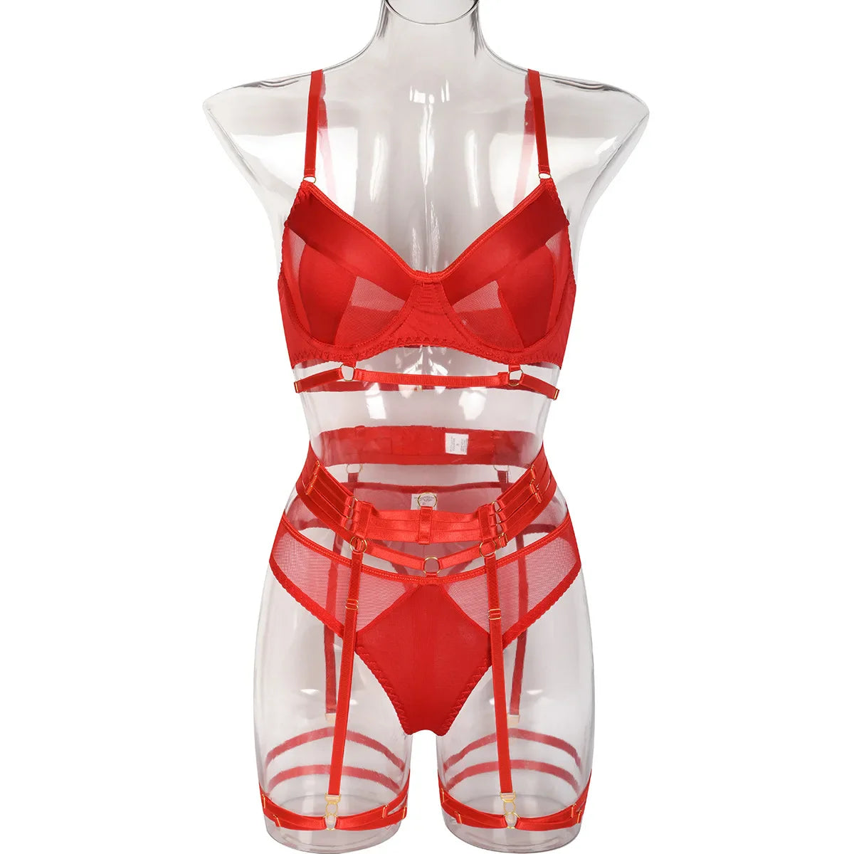 Womens Erotic Western Style Mesh Patchwork 4 Piece Set Sensual Exquisite Craftsmanship Alluring Leg Ring Lingerie Set Set