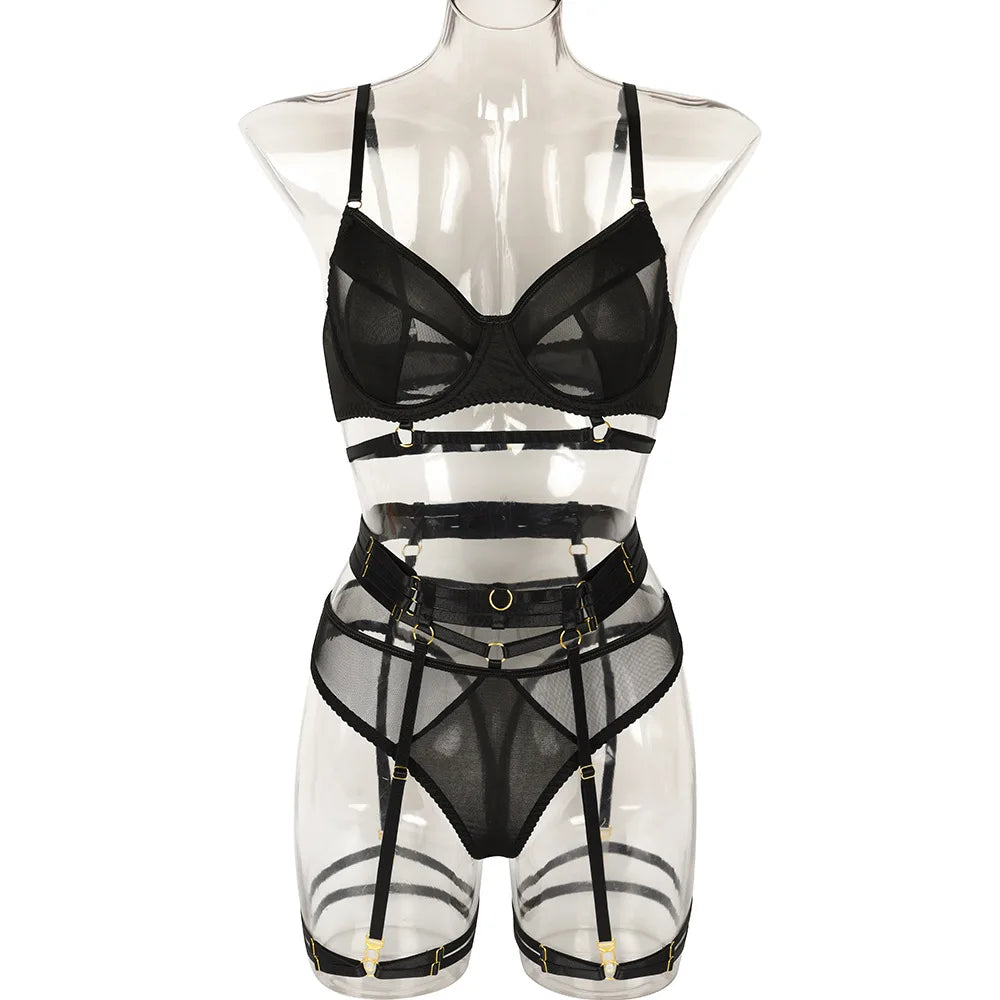 Womens Erotic Western Style Mesh Patchwork 4 Piece Set Sensual Exquisite Craftsmanship Alluring Leg Ring Lingerie Set Set