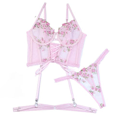 Womens Erotic Western Style Pink Floral Embroidery 3 Piece Set Sensual Lace Up Alluring Charming Breathable Lingerie Set