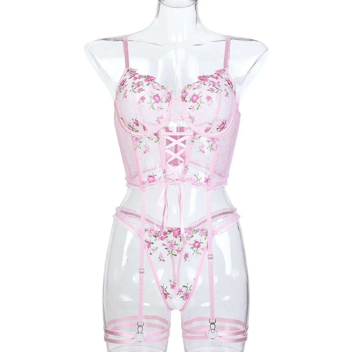 Womens Erotic Western Style Pink Floral Embroidery 3 Piece Set Sensual Lace Up Alluring Charming Breathable Lingerie Set