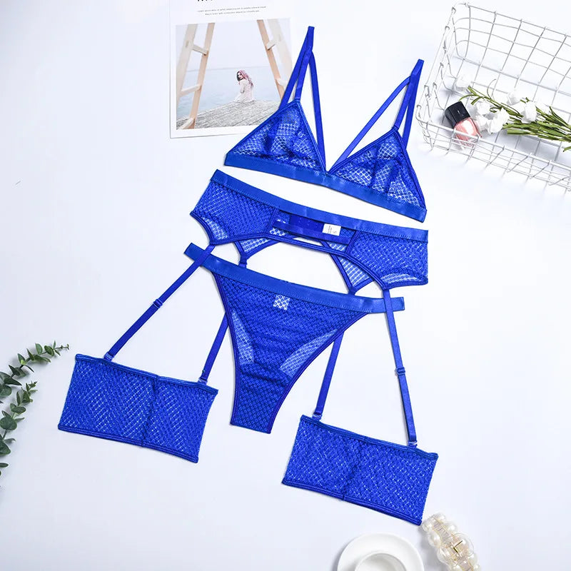 Womens Erotic Western Style See Through Lace 3 Piece Set Sensual Mesh Patchwork Alluring Charming Breathable Lingerie Set