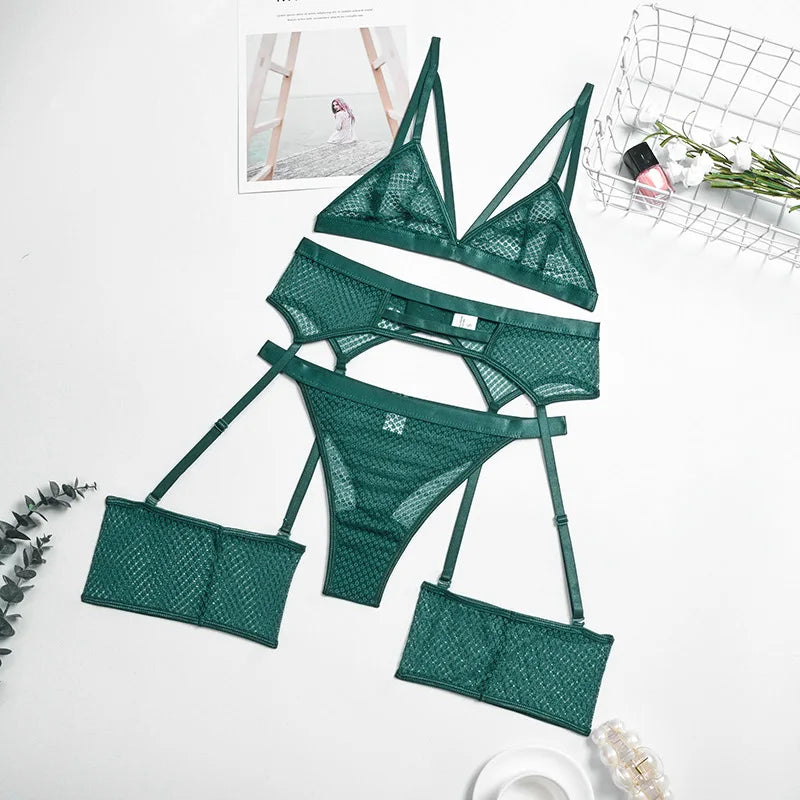 Womens Erotic Western Style See Through Lace 3 Piece Set Sensual Mesh Patchwork Alluring Charming Breathable Lingerie Set