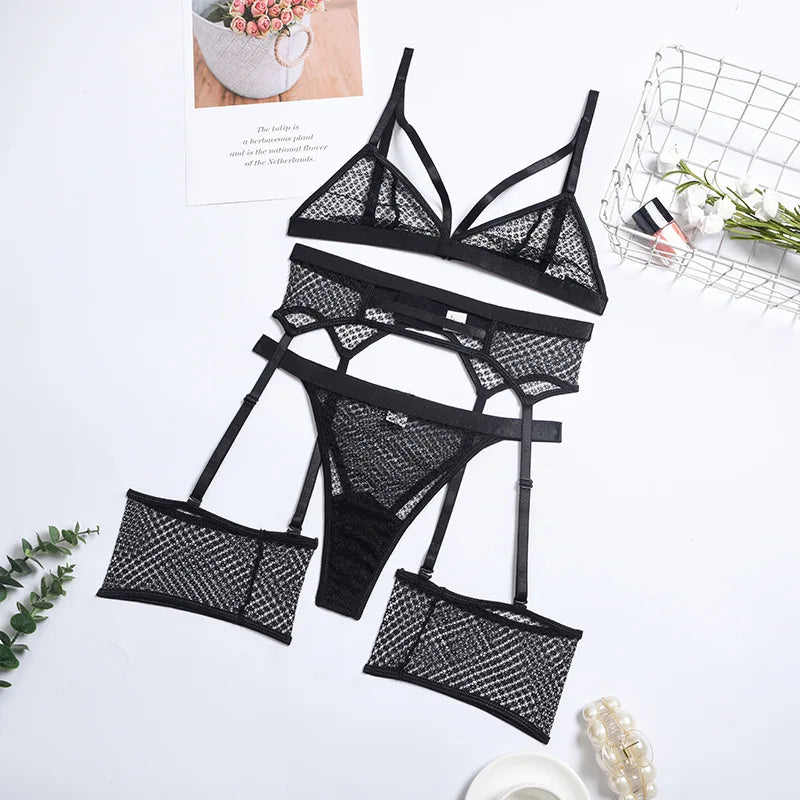 Womens Erotic Western Style See Through Lace 3 Piece Set Sensual Mesh Patchwork Alluring Charming Breathable Lingerie Set