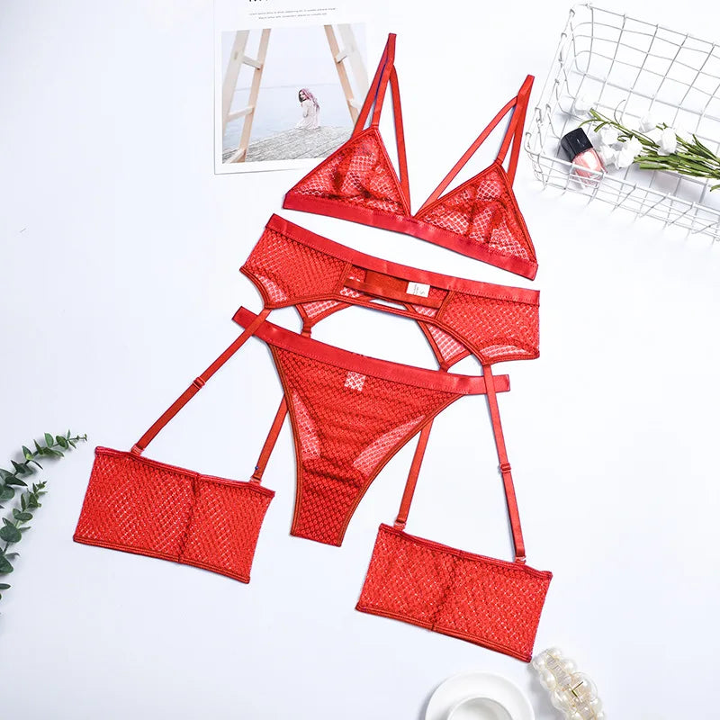 Womens Erotic Western Style See Through Lace 3 Piece Set Sensual Mesh Patchwork Alluring Charming Breathable Lingerie Set