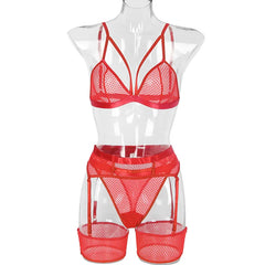 Womens Erotic Western Style See Through Lace 3 Piece Set Sensual Mesh Patchwork Alluring Charming Breathable Lingerie Set