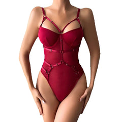 Wonen's Red Bikini Lingerie Sling Solid Color Complex Slimming Patchwork Jumpsuit Can Be Untied Costume
