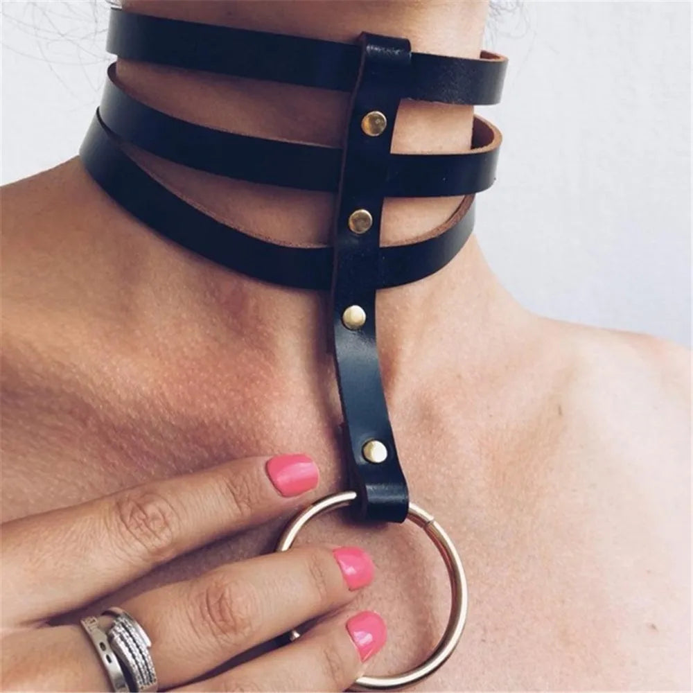 Y2K Leather Neck Strap Belt with Metal Buckle Collar Trendy O-ring Clavicle with Adjustable Neck Cover Accessories