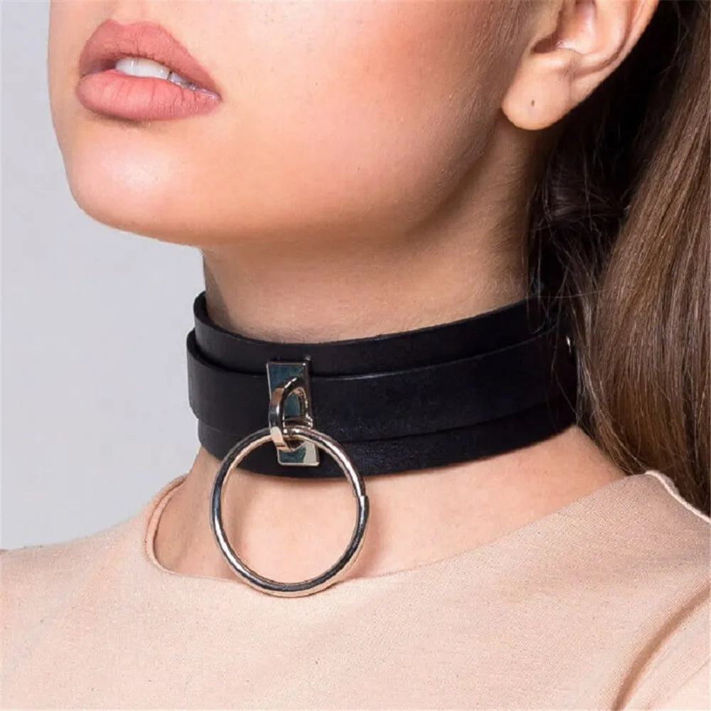 Y2K Leather Neck Strap Belt with Metal Buckle Collar Trendy O-ring Clavicle with Adjustable Neck Cover Accessories