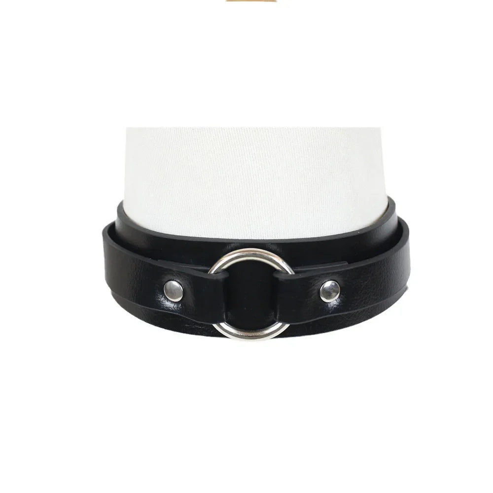 Y2K Leather Neck Strap Belt with Metal Buckle Collar Trendy O-ring Clavicle with Adjustable Neck Cover Accessories
