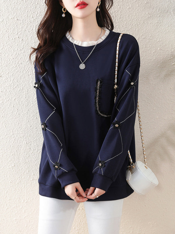 Chains Pockets Ruffled Split-Joint Three-Dimensional Flower Long Sleeves Loose Round-Neck T-Shirts Tops