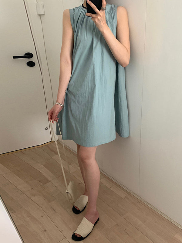 Pleated Solid Color Split-Joint Loose Sleeveless Round-Neck Mini Dresses