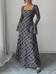 Contrast Color High-Waisted Plaid A-Line Flared Sleeves Square-Neck Maxi Dresses