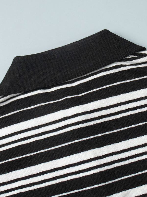 Split-Joint Striped Long Sleeves Lapel Sweater Tops