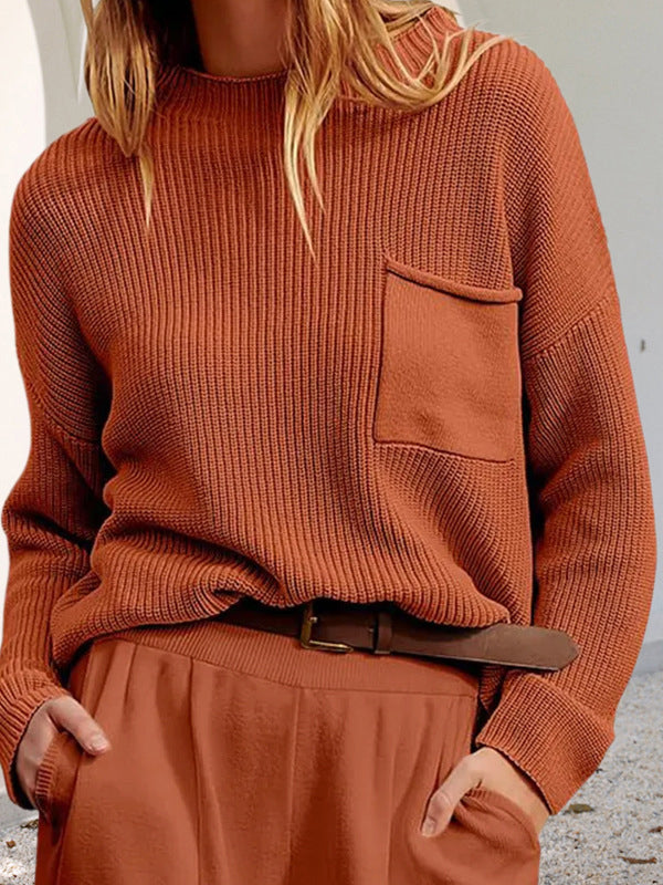 Pockets Solid Color Long Sleeves Loose Round-Neck Sweater Tops Pullovers Knitwear