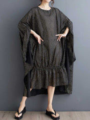 Elasticity Polka-Dot Split-Joint Batwing Sleeves Half Sleeves Round-Neck Midi Dresses