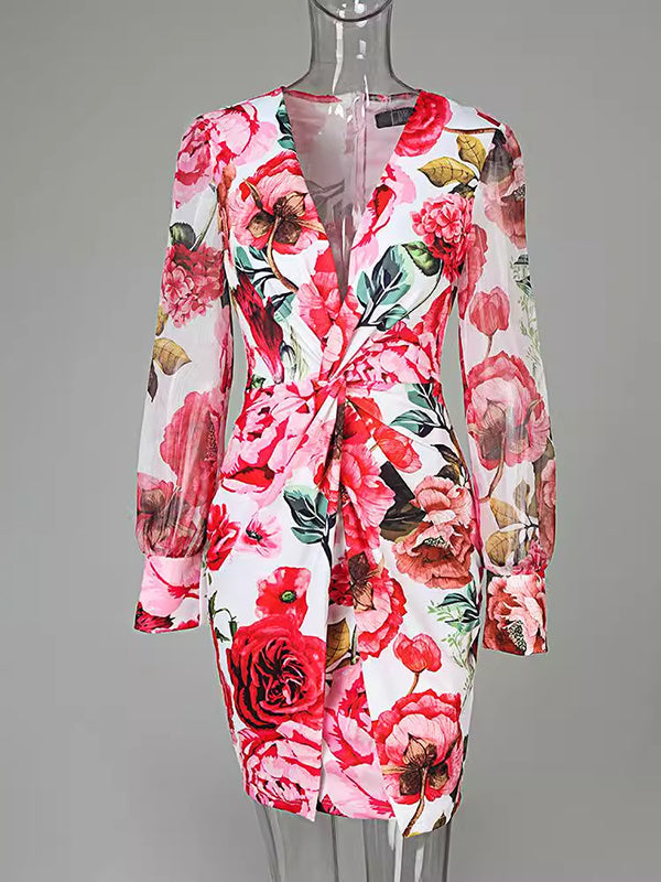 Flower Print Knot Mesh Split-Joint Bodycon Long Sleeves Deep V-Neck Mini Dresses