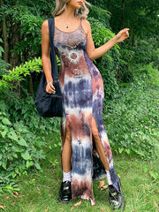Printed Split-Joint Split-Side Tie-Dyed Skinny Sleeveless Spaghetti-Neck Maxi Dresses